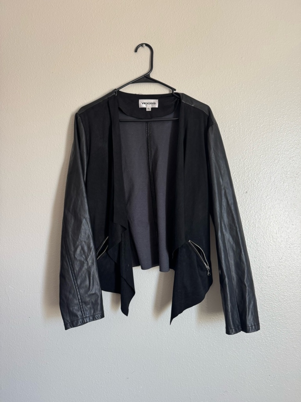 Vigoss Black Open-Front Jacket with Faux Leather Sleeves